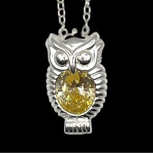 Italy 925 Silver & Citrine Owl Pendant Necklace with Removable Gem- Dainty
